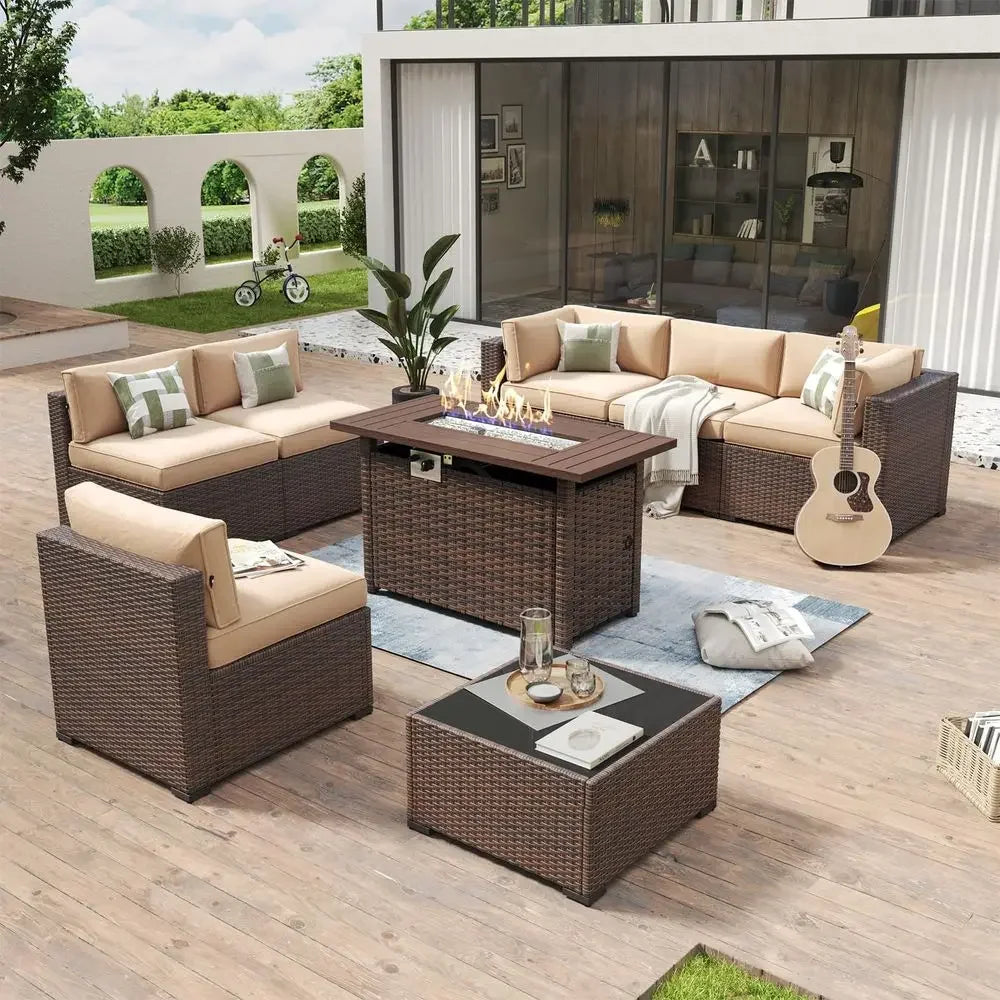8 Piece Patio Furniture Set with 44 Fire Pit Table Wicker Rattan Outdoor Sectional Sofa Set with Coffee Table and Thickened Cus