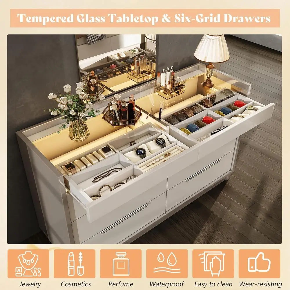 LED-Illuminated 8 Drawer High Gloss Chest with Glass Top and 2 Six-Grid Drawers, Suitable for Bedroom, Living Room, Dining Room