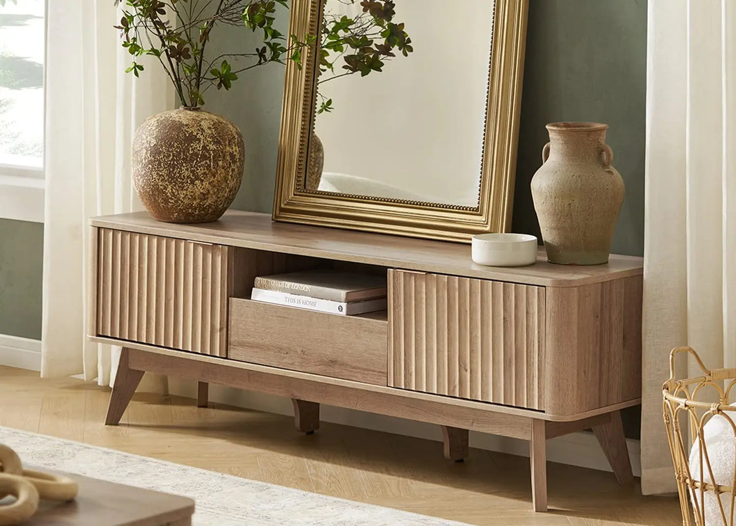 Mid-Century Modern TV Stand Adjustable Shelf Sturdy Box Frame Leg 50-59in Golden Oak 57in ,Customized