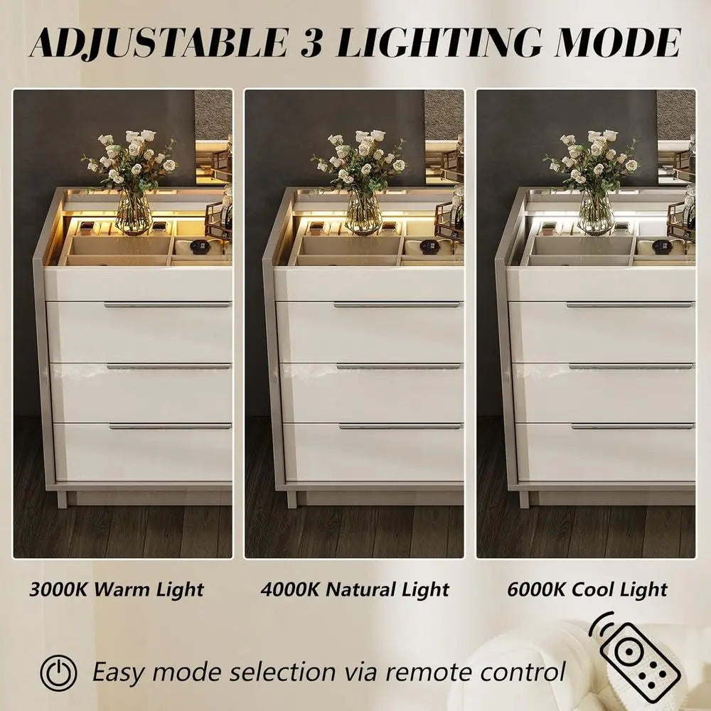 LED-Illuminated 8 Drawer High Gloss Chest with Glass Top and 2 Six-Grid Drawers, Suitable for Bedroom, Living Room, Dining Room