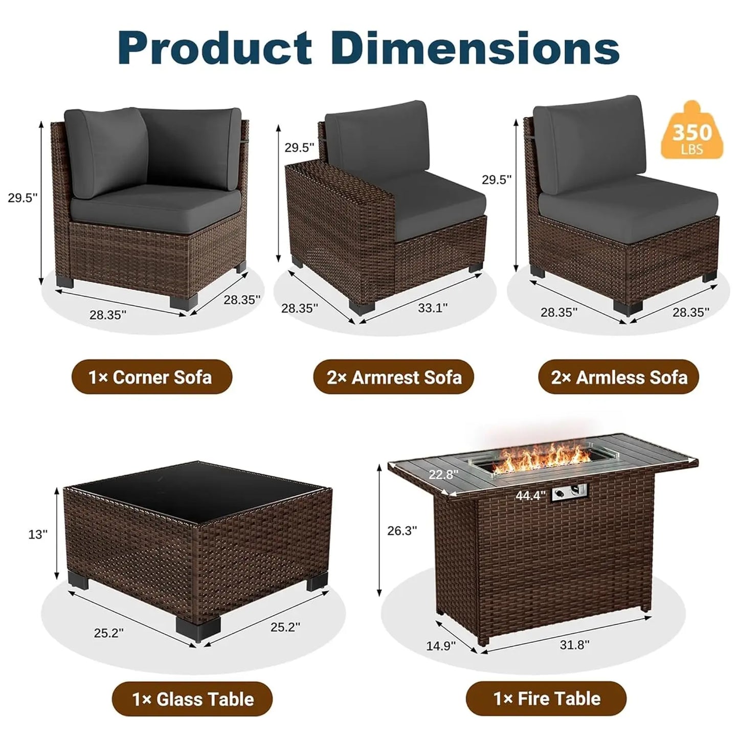 Patio Furniture Set with Fire Pit Table, 7 Piece Outdoor Sectional Conversation Sets Wicker Rattan Sectional Sofa, Customized