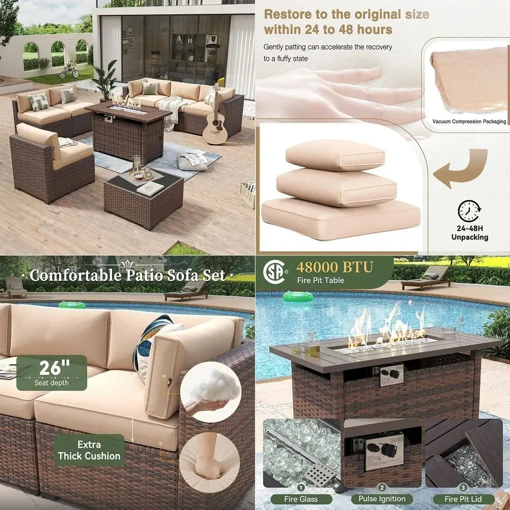 8 Piece Patio Furniture Set with 44 Fire Pit Table Wicker Rattan Outdoor Sectional Sofa Set with Coffee Table and Thickened Cus