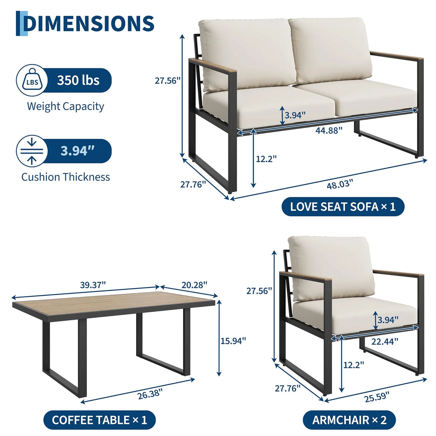 HobbyLane Modern Outdoor Sectional Set With Cushions And Coffee Table