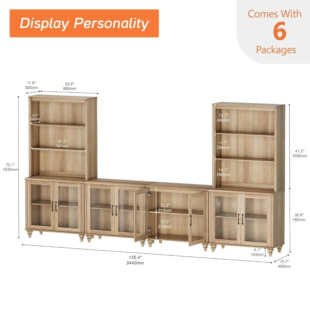Farmhouse TV Stand Media Console Bookshelves Glass Doors Living Room Bedroom 75",Customized