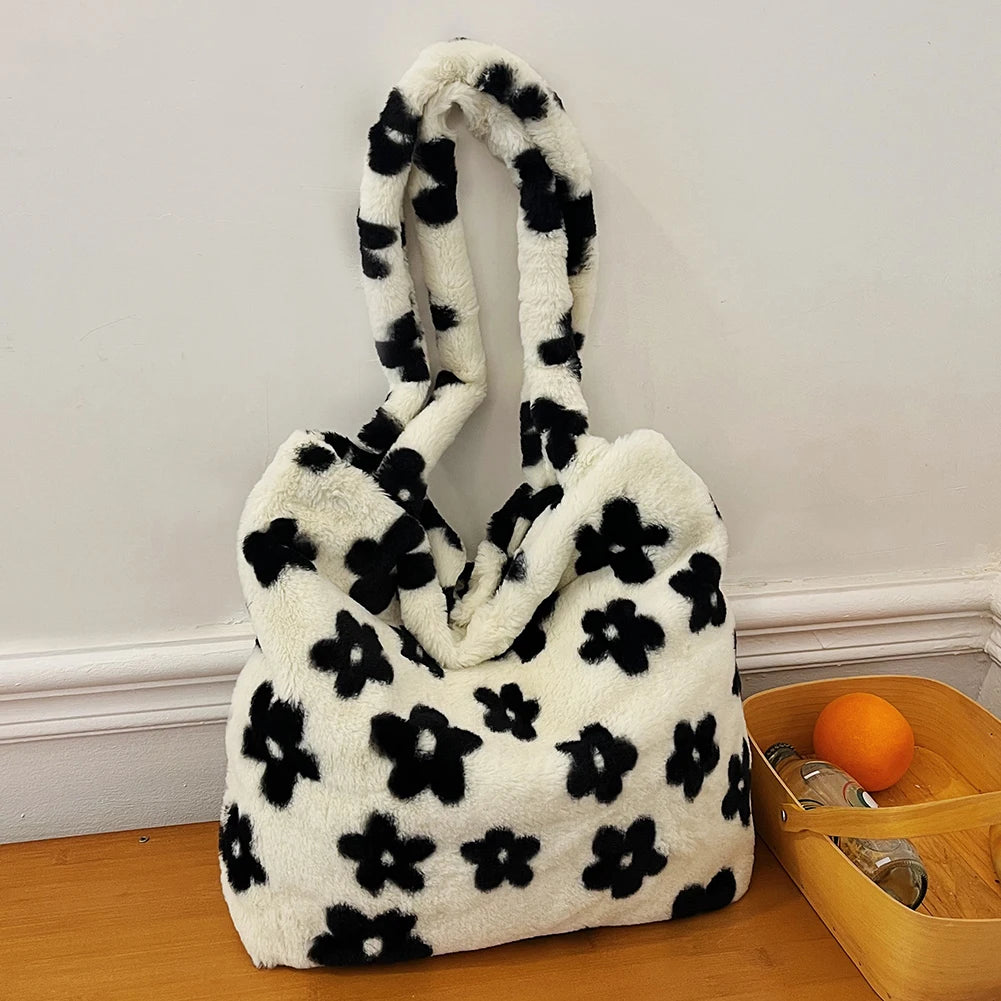 Women Fluffy Shoulder Bag Furry Faux Fur Handbag Casual Satchel Hobo Bag Plush Underarm Bag Fuzzy Tote Handbag Shopper Bag