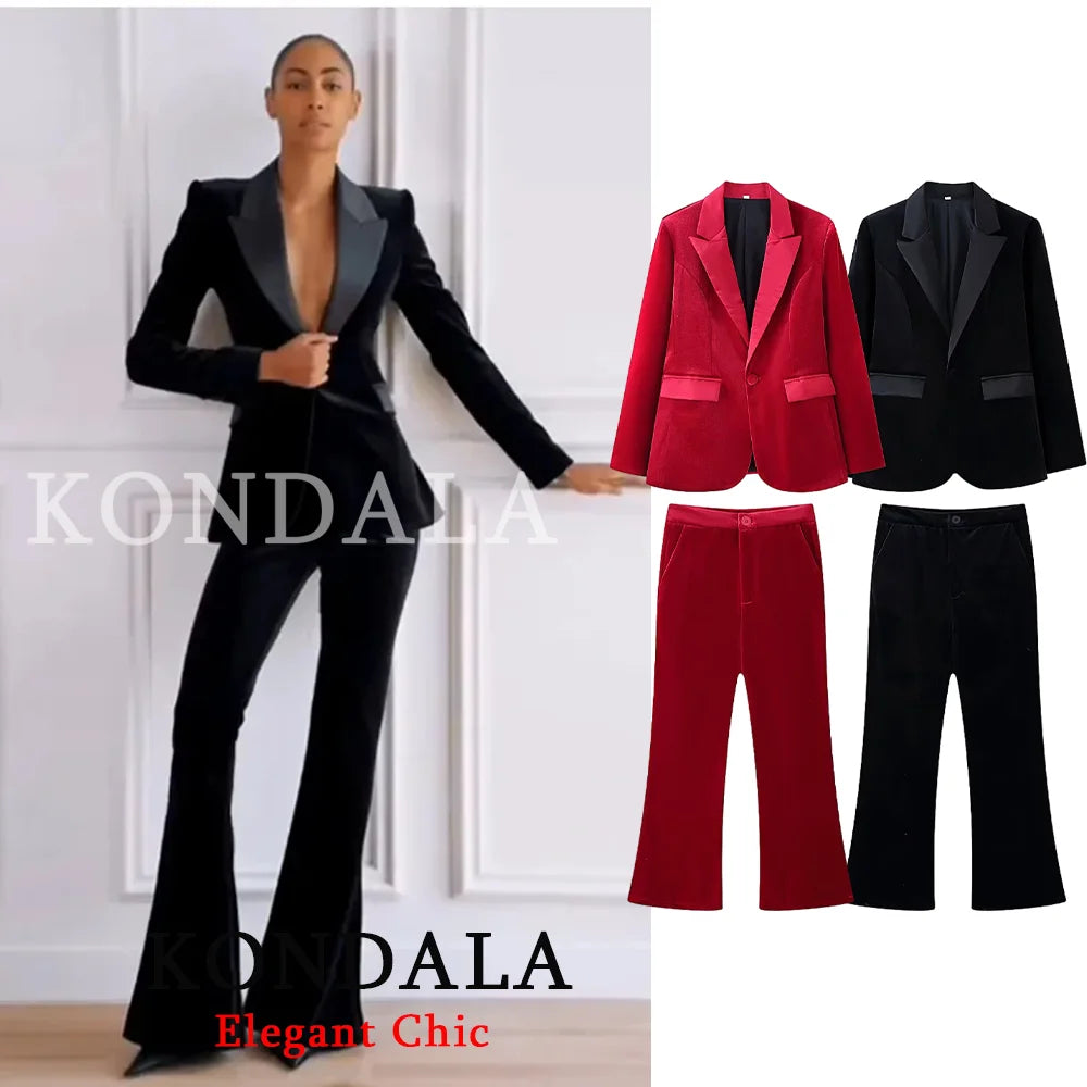 KONDALA Women Velvet Slim Blazer Set Notched Lapel With Pants