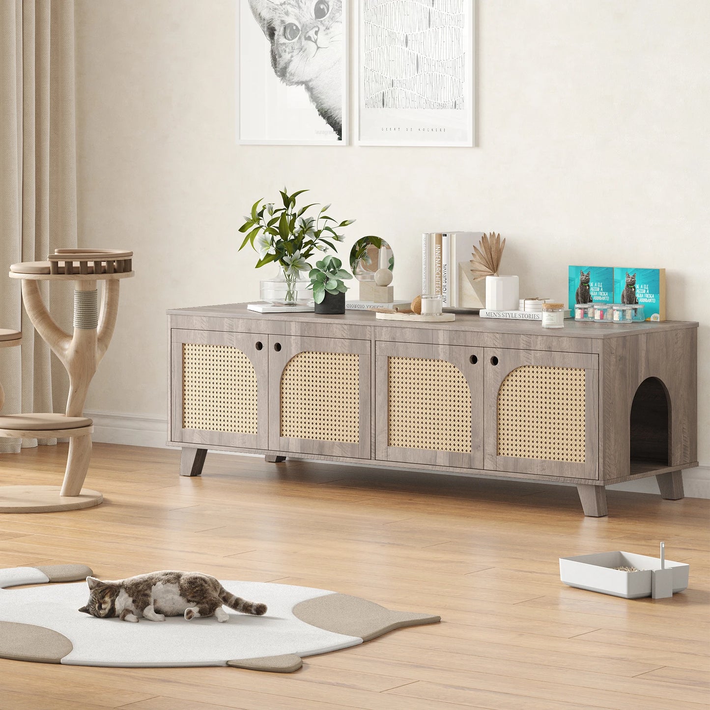 Flip Top Hidden Cat Litter Box Enclosure Furniture Cabinet with Rattan Decorated Doors for Your Home, Two Entrances