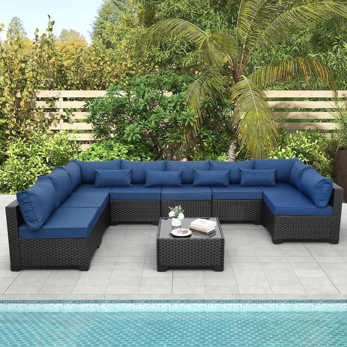 9 Pieces Outdoor Sectional All-Weather Wicker Patio Furniture Set Patio Sectional and Glass Patio Table Non-Slip, Customized