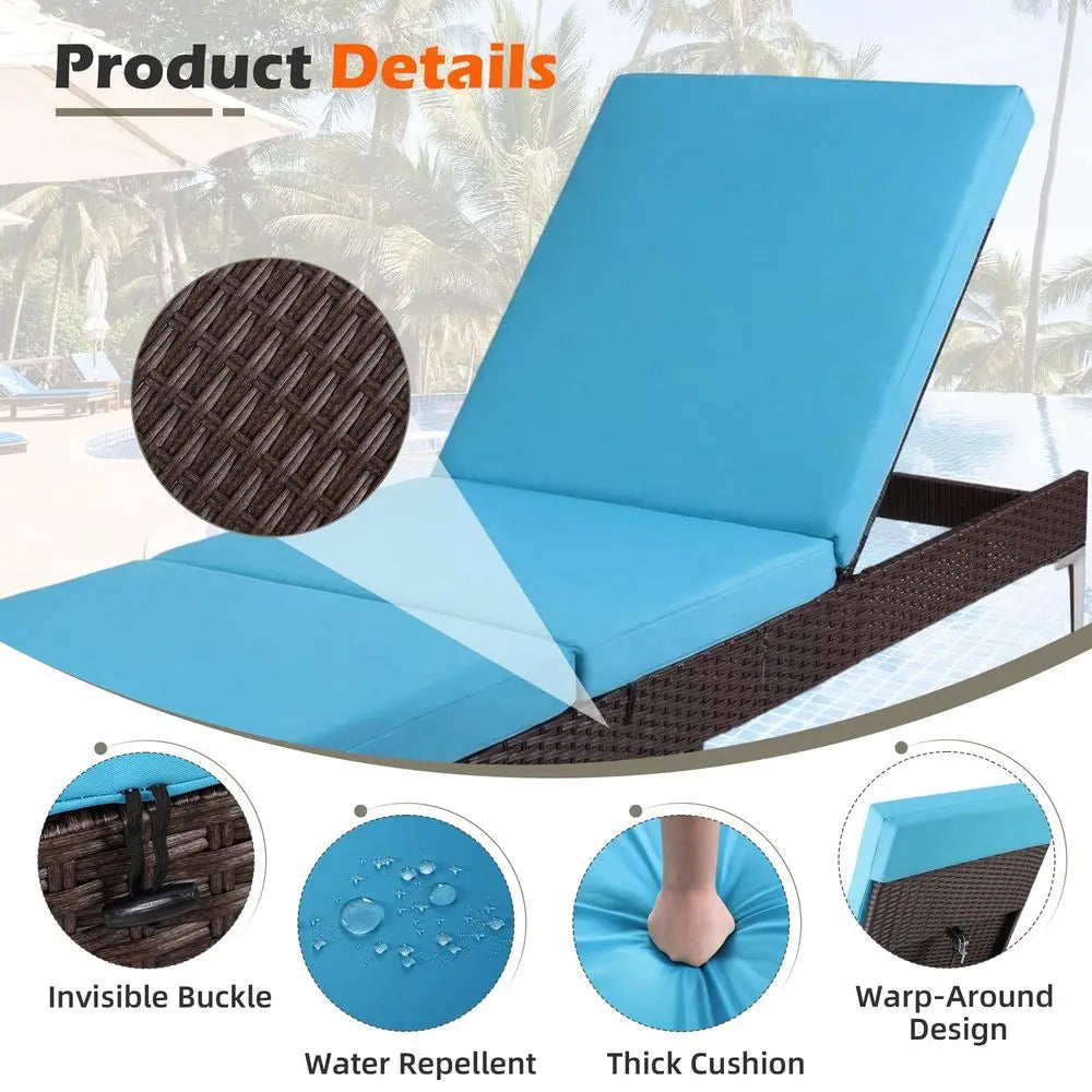 Outdoor Lounge Chairs Set of 2, Patio Wicker Chaise Lounge with Removable Cushion, Rattan Pool Sunbathing Recliners with Adjust